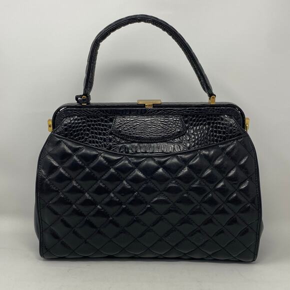 Brahmin Bag Quilted Black Leather Top Handle Vintage Style Pinup Rockabilly - Picture 2 of 14